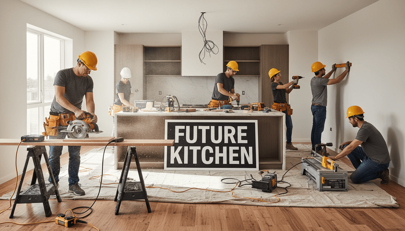 Construction team completing a kitchen remodel with professional workmanship