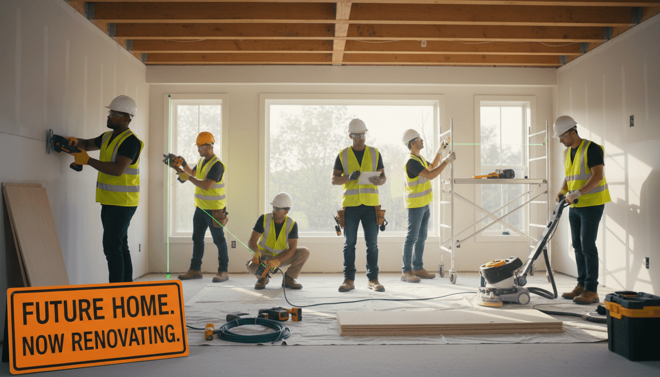 Construction professionals completing interior renovation work in a residential home