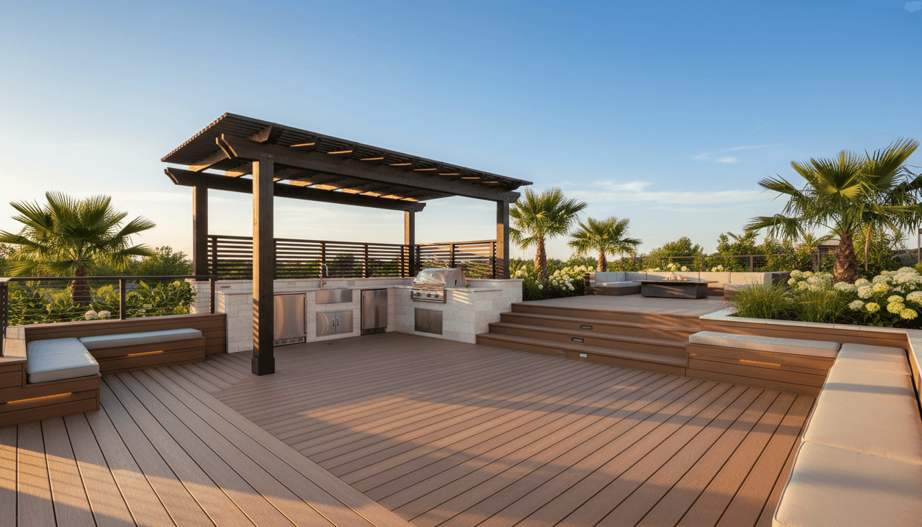 Expansive multi-level residential deck with outdoor kitchen, pergola, and cable railings in golden sunlight
