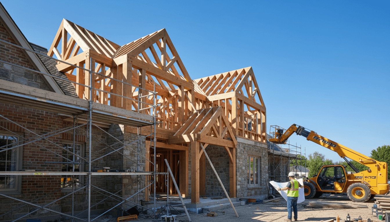 Wide view of luxury home addition under construction showing wooden framing integrated with existing brick structure and construction workers reviewing plans