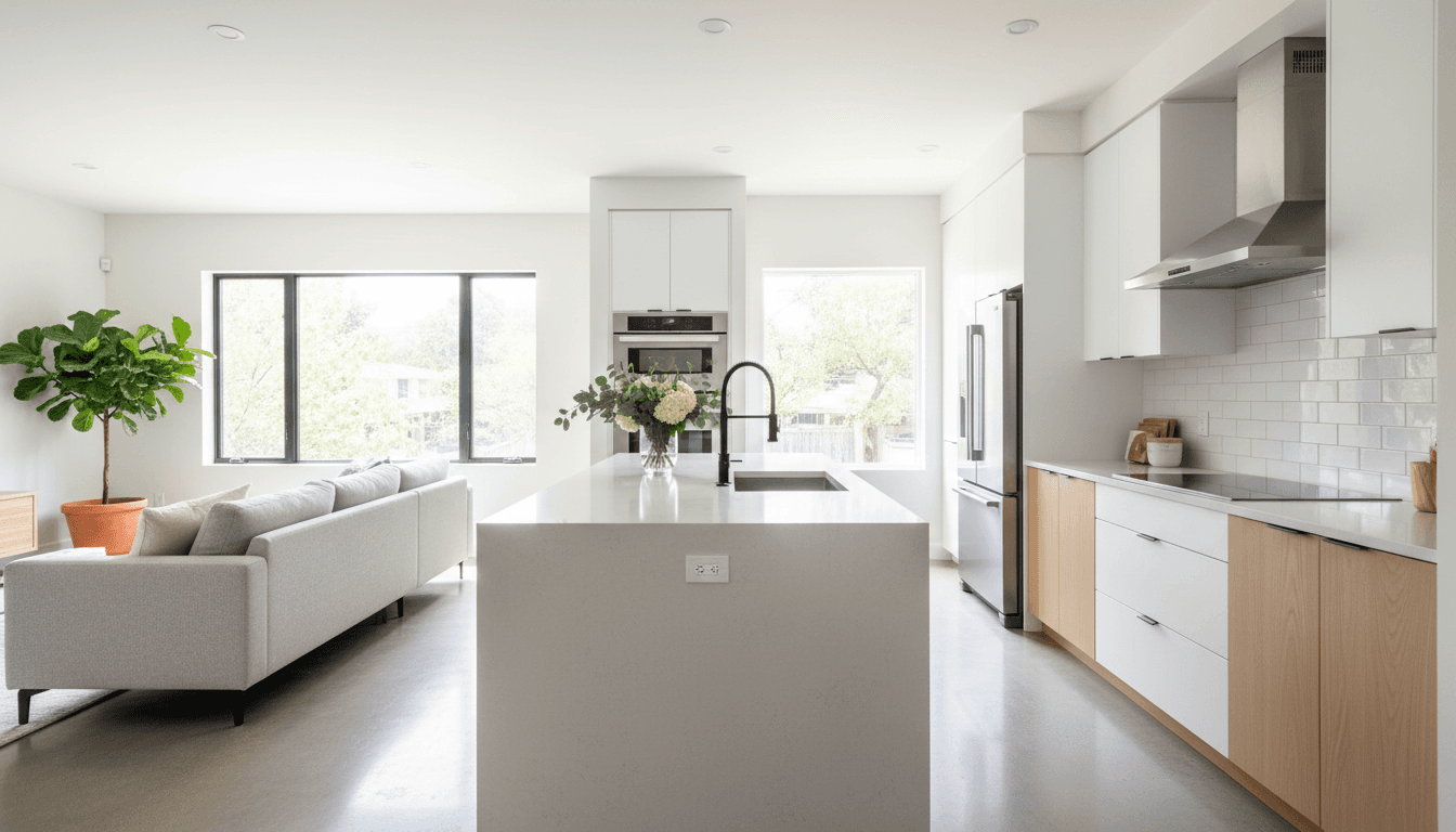 Bright renovated kitchen with new cabinetry, tile backsplash, stainless appliances, and modern countertops showcasing complete home improvement transformation